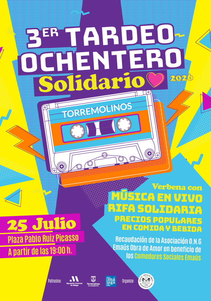 🎉 Nos vamos de fiesta!!! Estamos preparando nuestra ya Tradicional Verbena "3er Tardeo Ochentero Solidario", y nos encantaría que asistieses! 🎉 🗓️ Sábado 25 de julio ⏰ Desde las 19:00h 📍 Plaza Pablo Ruiz Picasso. Torremolinos Todo lo recaudado irá a beneficio de los Comedores Sociales O.N.G. Emaús Obra de Amor 💙 ¿CÓMO PUEDES AYUDAR? 🔹 Ven a disfrutar de la verbena: música, comida y muy buen ambiente. 🎶🍔 🔹 Colabora como autónomo/a o empresa: ayuda económica o en especie. 💼💰 🔹 Únete como voluntario/a: tu tiempo es muy valioso. 🙌 🔹 Te gustaría asistir, pero no puedes? ¡Tu donativo "Birra Cero" también cuenta! 💸 Bizum Código ONG 11826 🔹También nos puedes ayudar, difundiendo este cartel 🫠 Más info y contacto: envíanos un WhatsApp al 📲 603 143 228 ¡Juntos haremos que esta verbena sea un éxito! ¡Te esperamos! 🎈